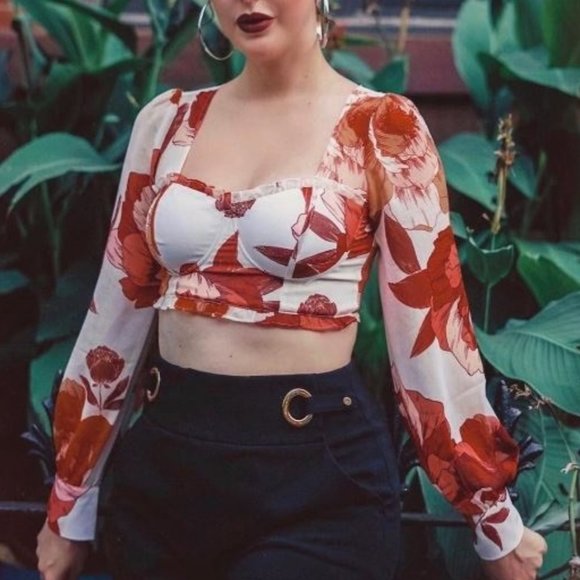 (NEW) GUESS White Floral Long Sleeve Crop Top with Bustier Detail - Picture 1 of 7